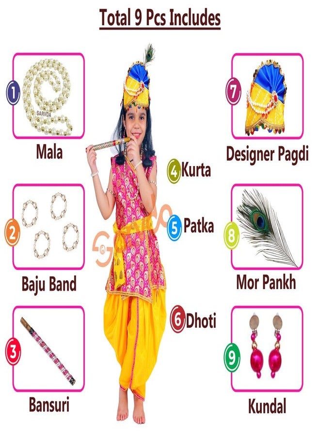 Sarvda Brocade Shree Krishna Dress For Baby Boy & Radha Dress For Girls | Janamashtami Dress | Fancy Dress Costume With Accessories Dhoti, Dupatta, Mukut Flute Complete Set, Ethnic Wear - Image 4
